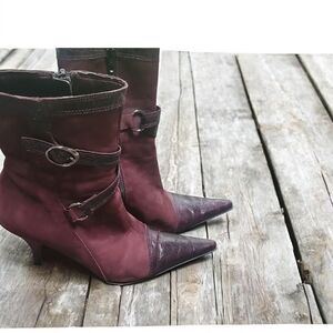 Burgundy Leather wine colored Heeled Boots with Decorative Buckles